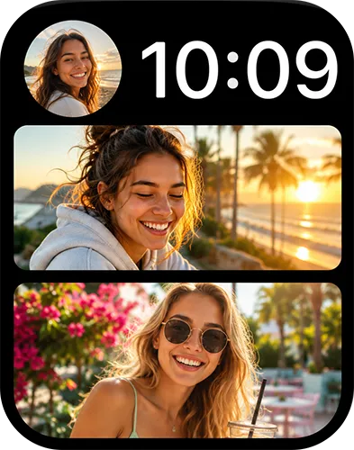 An Apple Watch face showing photos from four friends
