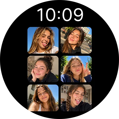 A Wear OS watch face showing six friends' photos in a grid
