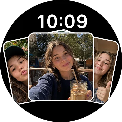 A Wear OS watch face showing a stack of three friends' photos