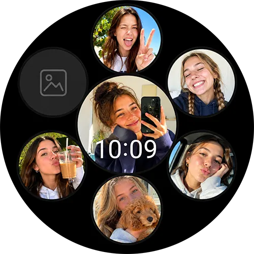 A Wear OS watch face with six friends' photos arranged in a ring