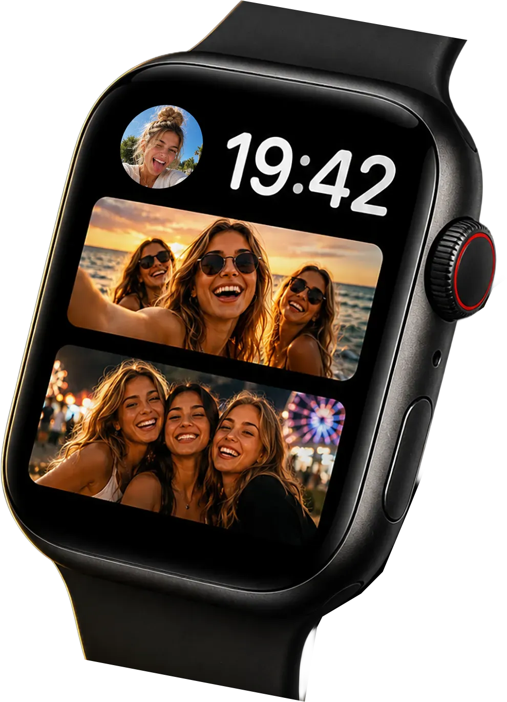 An Apple Watch showing photos from two friends on its face