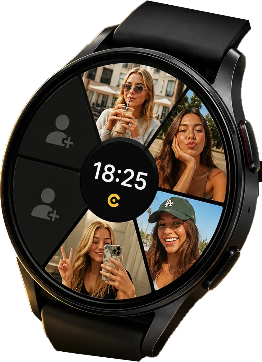 A Wear OS watch showing photos from four friends around its face